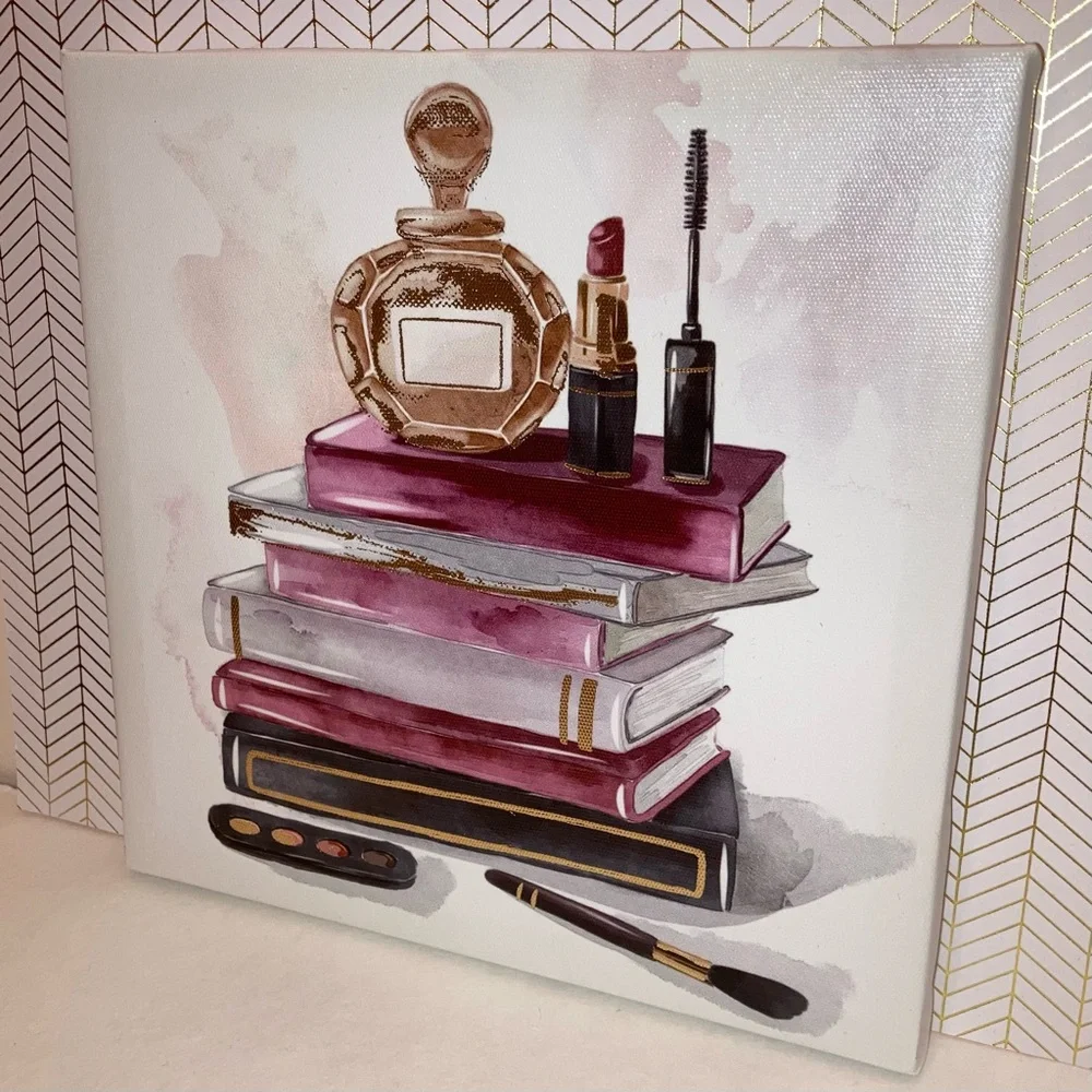 NEW Makeup and Books Canvas Wall Art Burgundy Gold Beauty Glam Home Decor